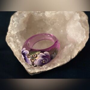 Artisan Lampwork Glass Rose Ring • Purple Rhinestone Floral Statement • Size 7